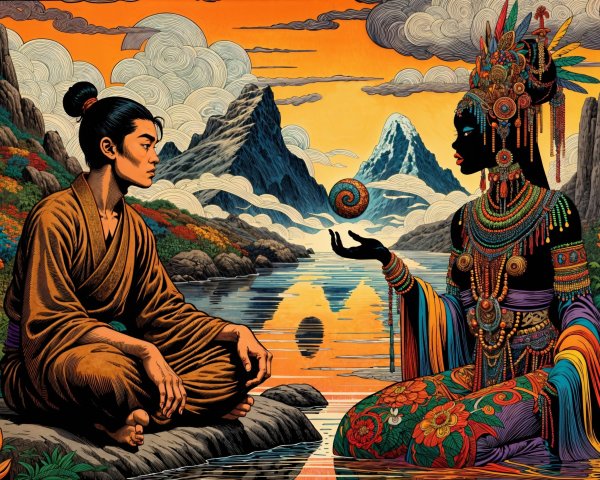 Young monk by serene lake with mystical figure