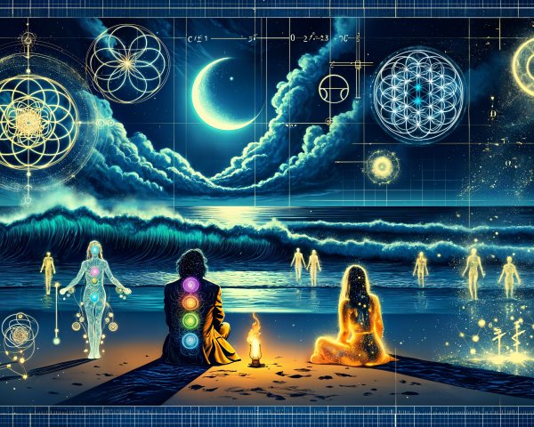 Candlelit Beach Scene with Cosmic Elements and Figures