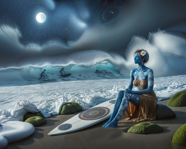 Digital Illustration of Blue-Skinned Woman on Beach