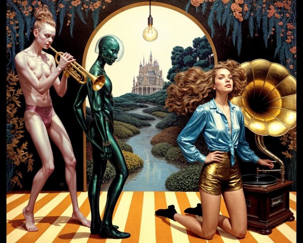 Surreal Scene with Musician, Alien, and Garden Castle