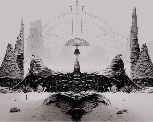 Panoramic Black and White Digital Painting of Desert Architecture