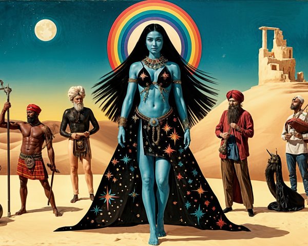 Desert Scene with Blue Figure and Cultural Attire