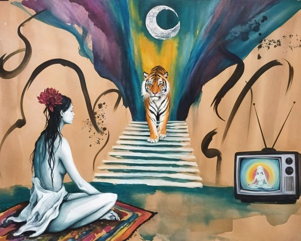 Serene Woman with Tiger in Surreal Colorful Scene