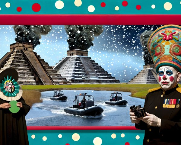 Surreal Scene with Clown, Dark Robe, and Pyramids