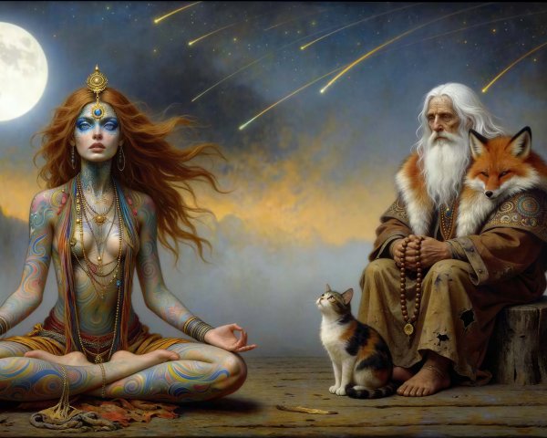 Artwork of Woman and Old Man Under Full Moon