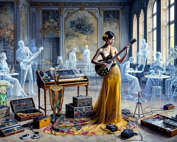 Vintage Room with Woman Playing Electric Guitar