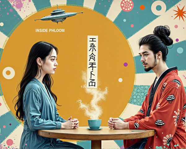 Retro-inspired scene with a couple in traditional robes