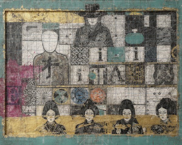 Textured Mixed Media Collage with Figures and Faces
