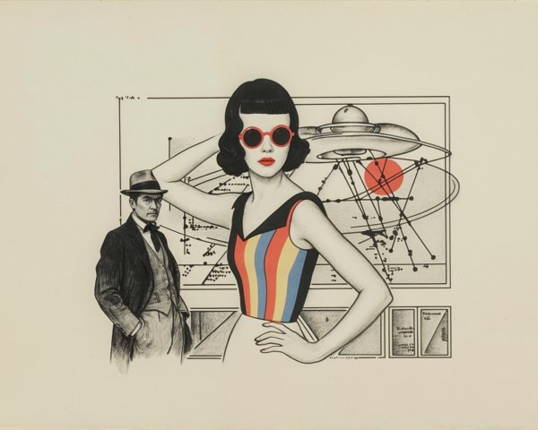 Stylish Woman in Striped Dress with UFO Backdrop