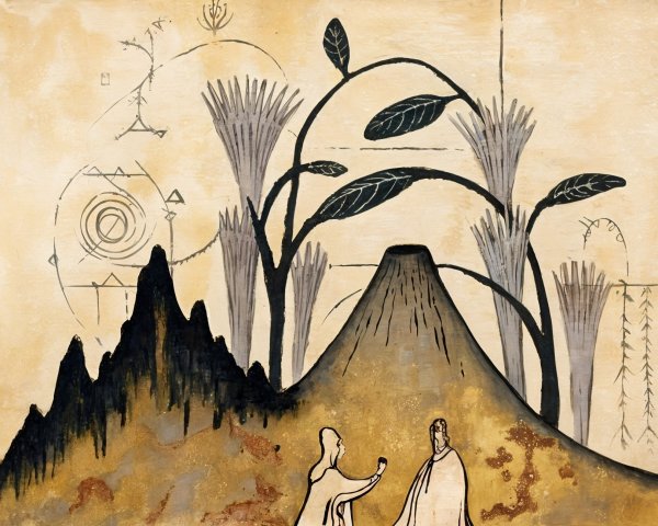 Stylized Landscape with Volcano and Abstract Plants