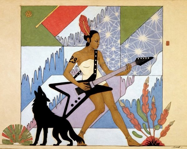 Powerful Figure with Electric Guitar and Wolf