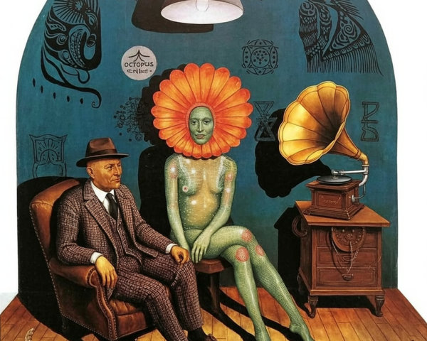 Surreal Artwork of Man and Woman in Intricate Setting