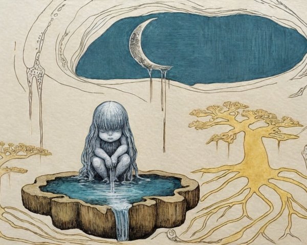 Serene Artwork of Girl by Pool with Moonlit Background