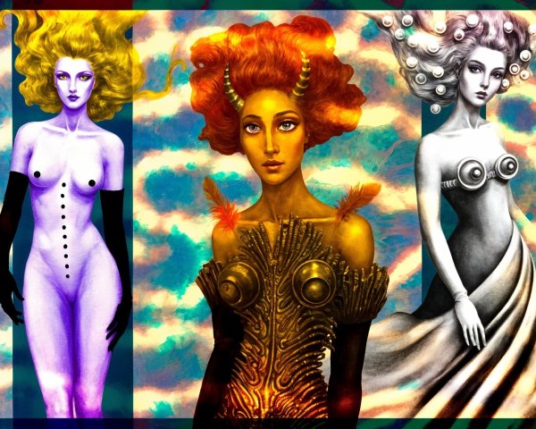 Three Women with Unique Hairstyles and Outfits