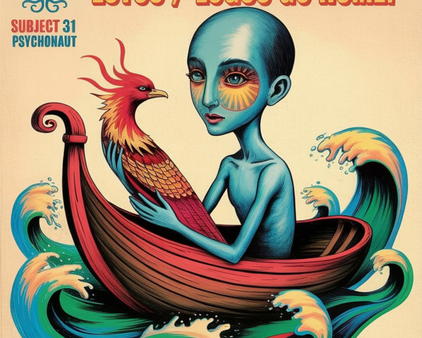 Humanoid Figure with Mythical Bird in Whimsical Scene