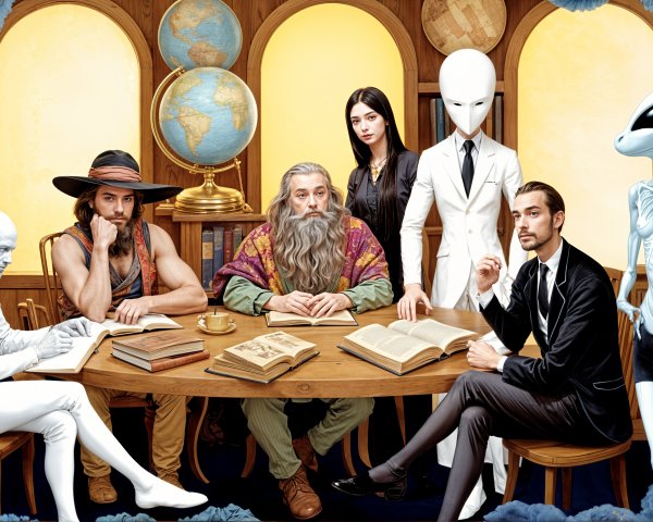Diverse Characters Gather in a Whimsical Library Setting