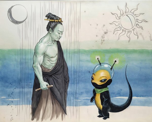 Muscular Figure with Alien Creature in Serene Landscape