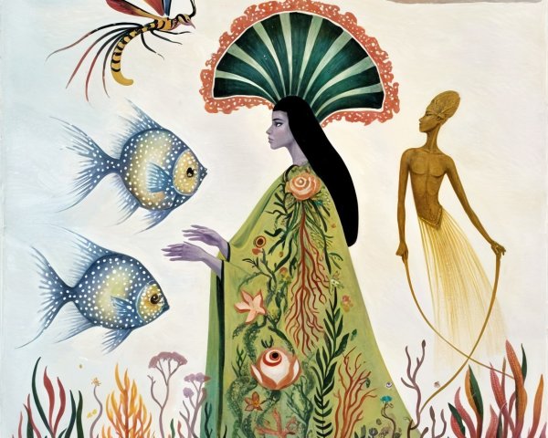 Vibrant Artwork of Woman by Water with Marine Motifs