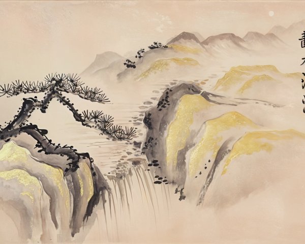 Traditional Chinese Landscape Painting with Mountains and Mist