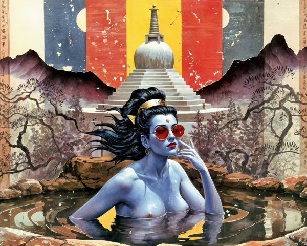 Blue-Skinned Figure by Tranquil Pool with Stupa Scene