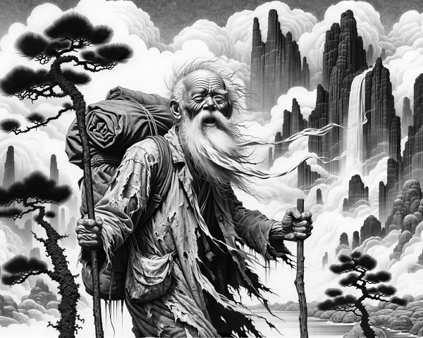 Monochromatic Artwork of an Old Man in Dreamlike Landscape