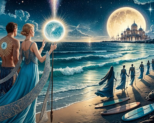 Moonlit Beach Scene with Celestial Elements and Palace