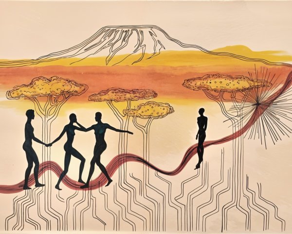 Stylized landscape with mountains and dynamic figures