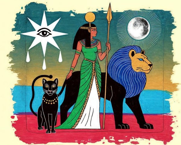 Stylized Egyptian Goddess with Lion and Black Cat