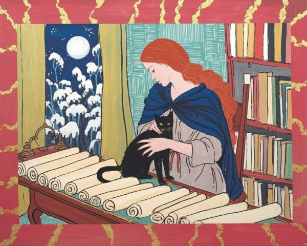 Cozy Room with Woman, Cat, and Snowy Landscape