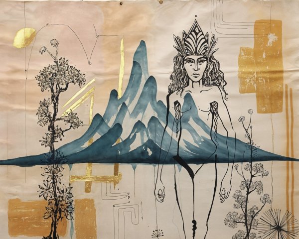 Woman with Crown Amidst Stylized Mountains and Nature