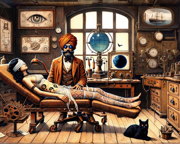 Steampunk-Inspired Room with Unique Characters and Decor