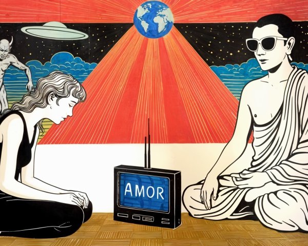 Meditative Scene with Cosmic and Pop Culture Elements