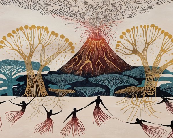 Vibrant Volcanic Scene with Nature and Humanity Themes