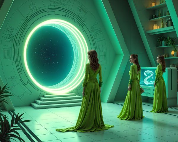 Futuristic Scene with Women, Portal, and Modern Decor