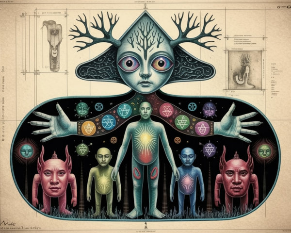 Artwork of a central figure with antlers and ethereal beings