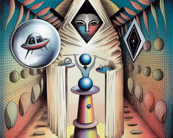 Cloaked Figure in Abstract Cosmic Scene with UFO