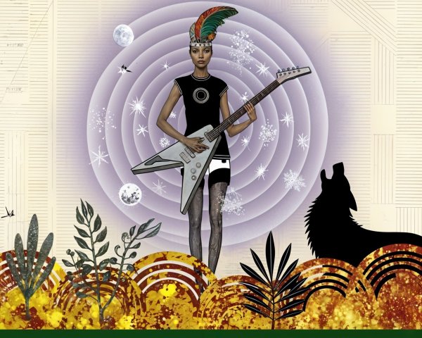 Illustration of a confident figure with guitar and nature elements