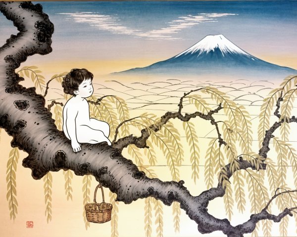 Young boy on willow branch overlooking serene landscape