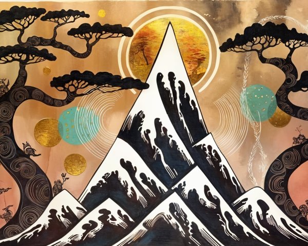 Majestic Mountain Range with Stylized Peaks and Trees