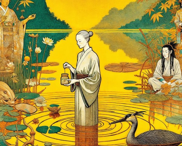 Woman in Traditional Attire in Serene Pond Setting