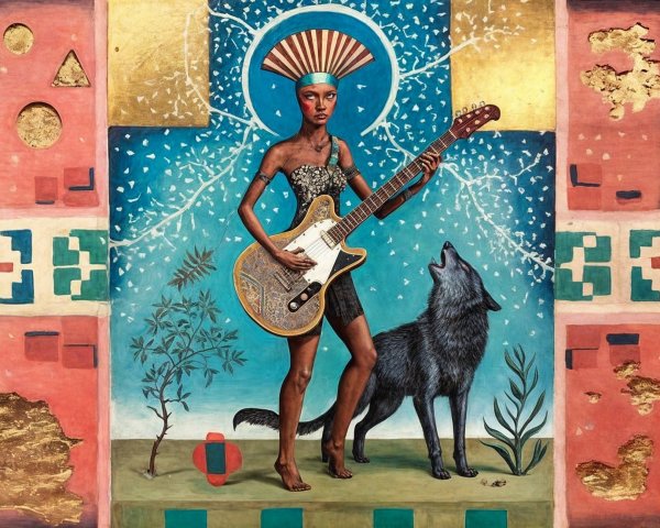 Stylized Woman with Guitar and Howling Wolf in Art