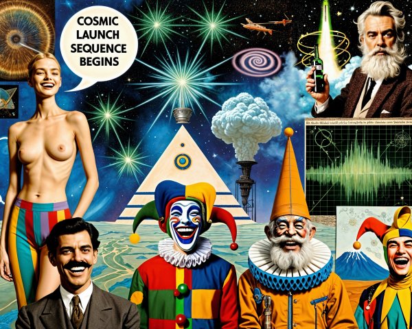 Eclectic Collage of Cosmic Themes and Humor