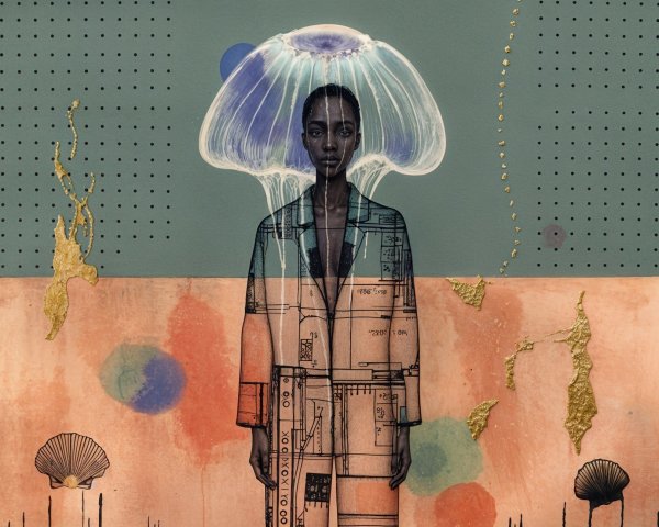 Layered Figure with Jellyfish and Abstract Background