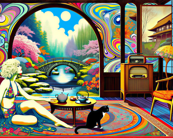 Woman in Colorful Psychedelic Setting with Cat