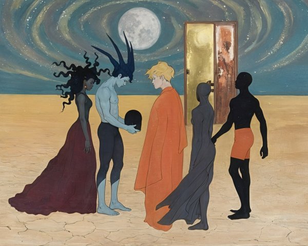 Surreal Gathering Under a Swirling Night Sky