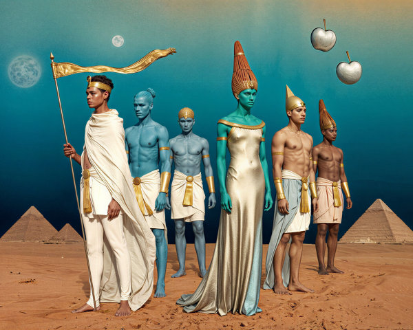 Surreal Desert Scene with Figures and Pyramids