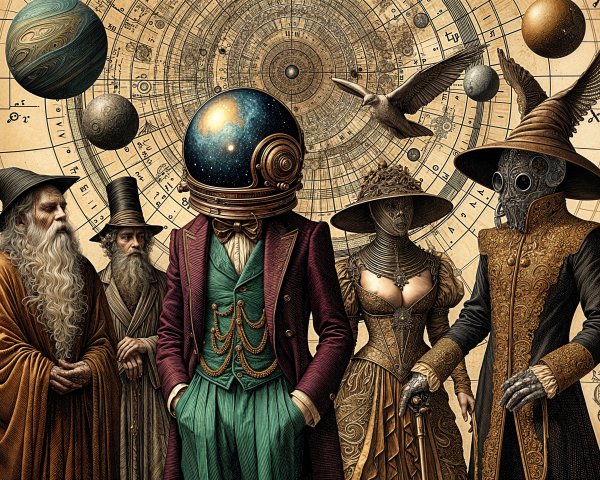 Steampunk and Baroque Figures Against Ancient Map