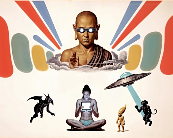 Surreal Scene with Monk, Colorful Rays, and Whimsical Characters