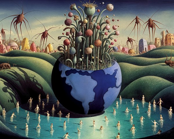 Surreal Landscape with Globe and Whimsical Creatures