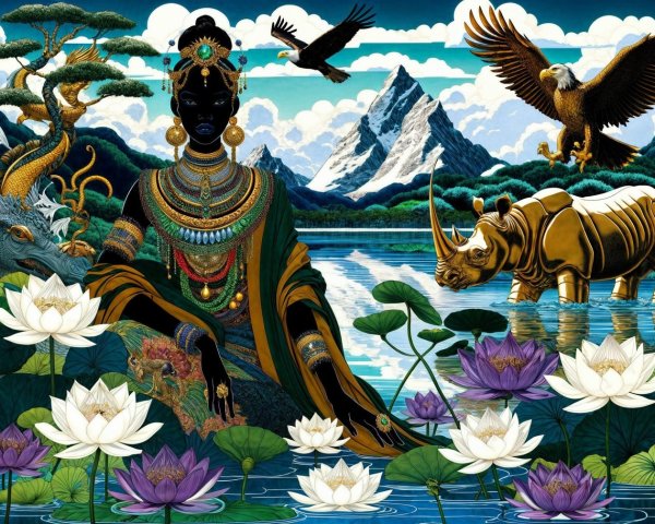 Serene Figure by Tranquil Lake with Lotus Flowers